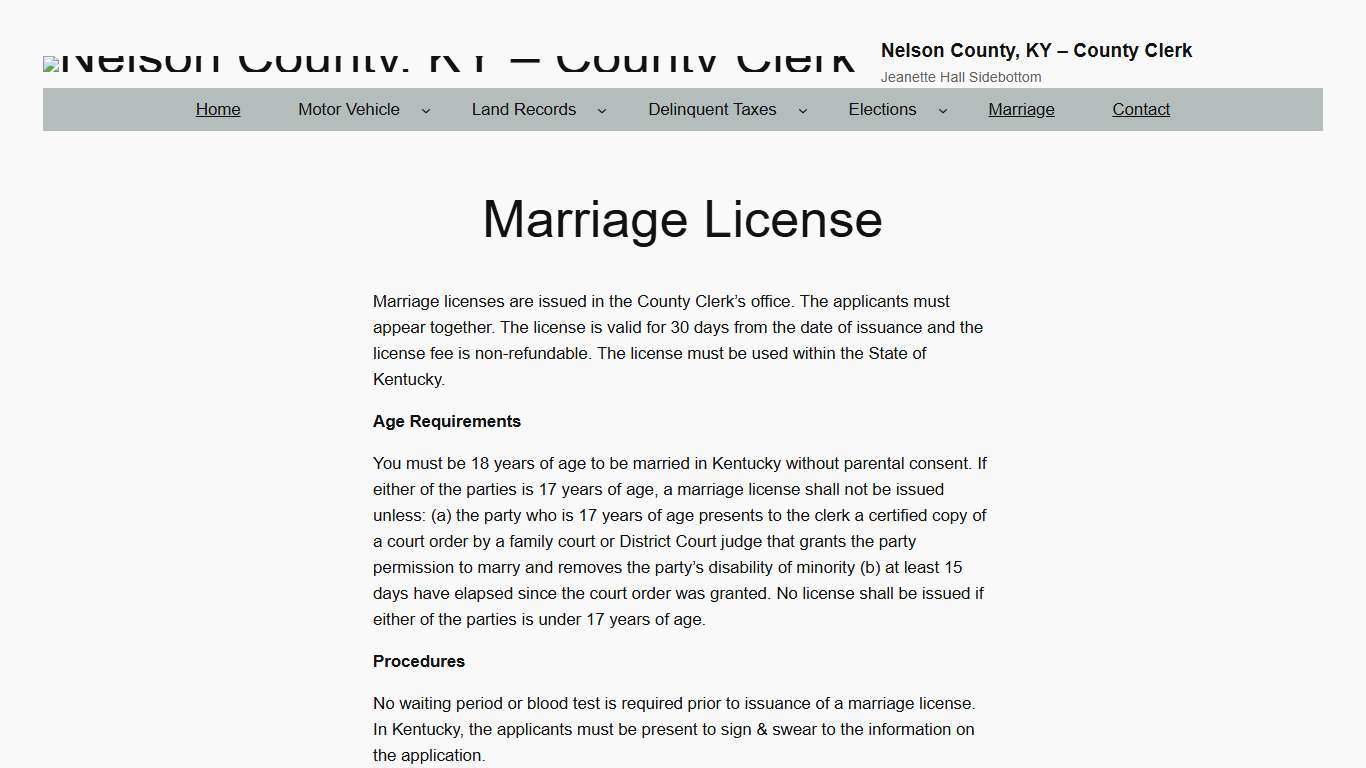 Marriage License – Nelson County, KY – County Clerk